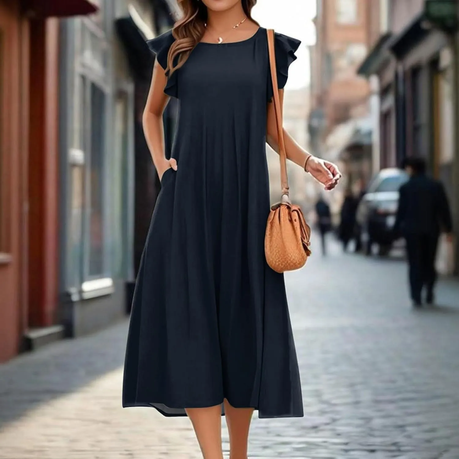 Summer Dresses for Women 2025 Short Sleeve Smocked Dress Trendy Crewneck Casual Beach Midi Sundress with Pocket
