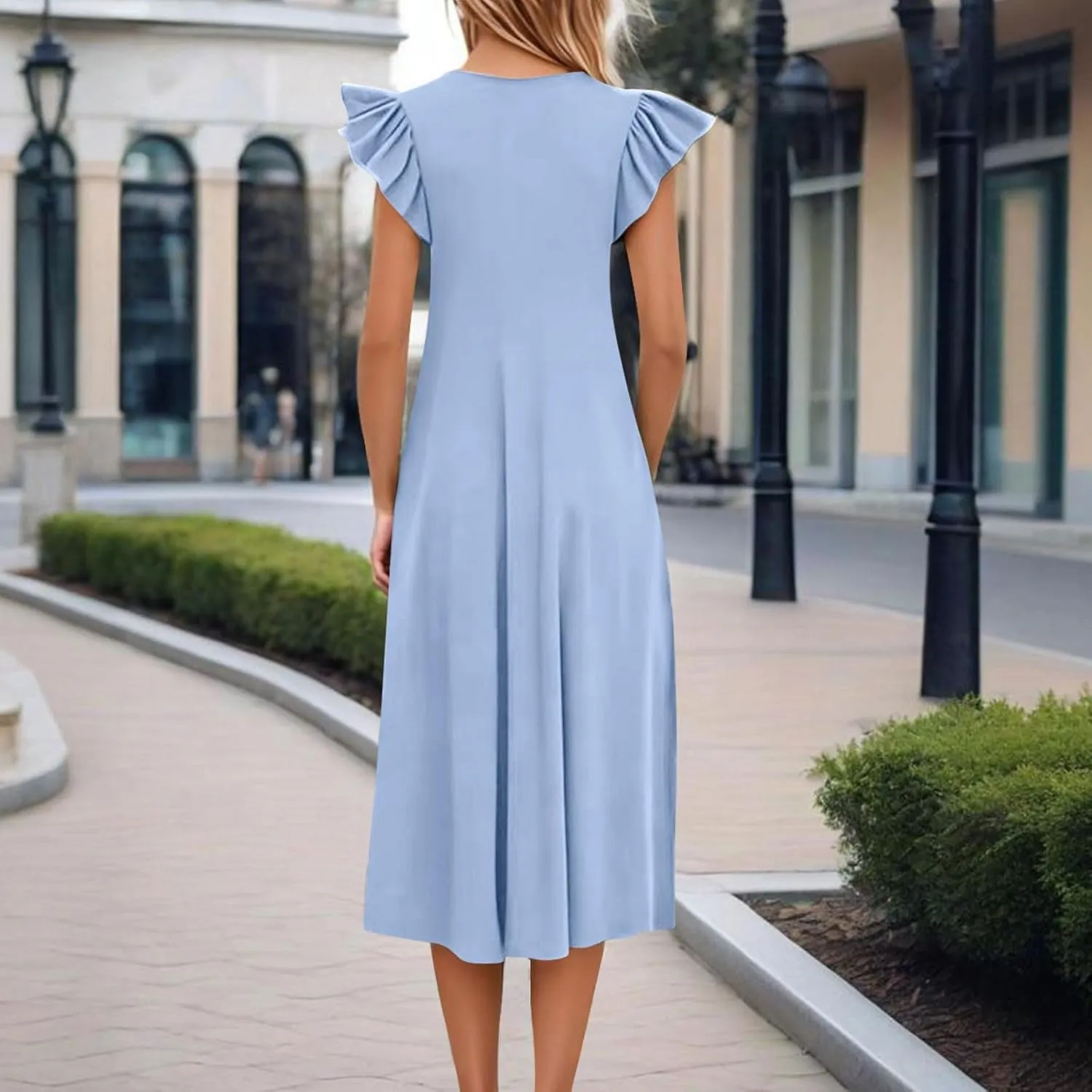 Summer Dresses for Women 2025 Short Sleeve Smocked Dress Trendy Crewneck Casual Beach Midi Sundress with Pocket