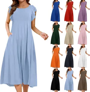 Summer Dresses for Women 2025 Short Sleeve Smocked Dress Trendy Crewneck Casual Beach Midi Sundress with Pocket