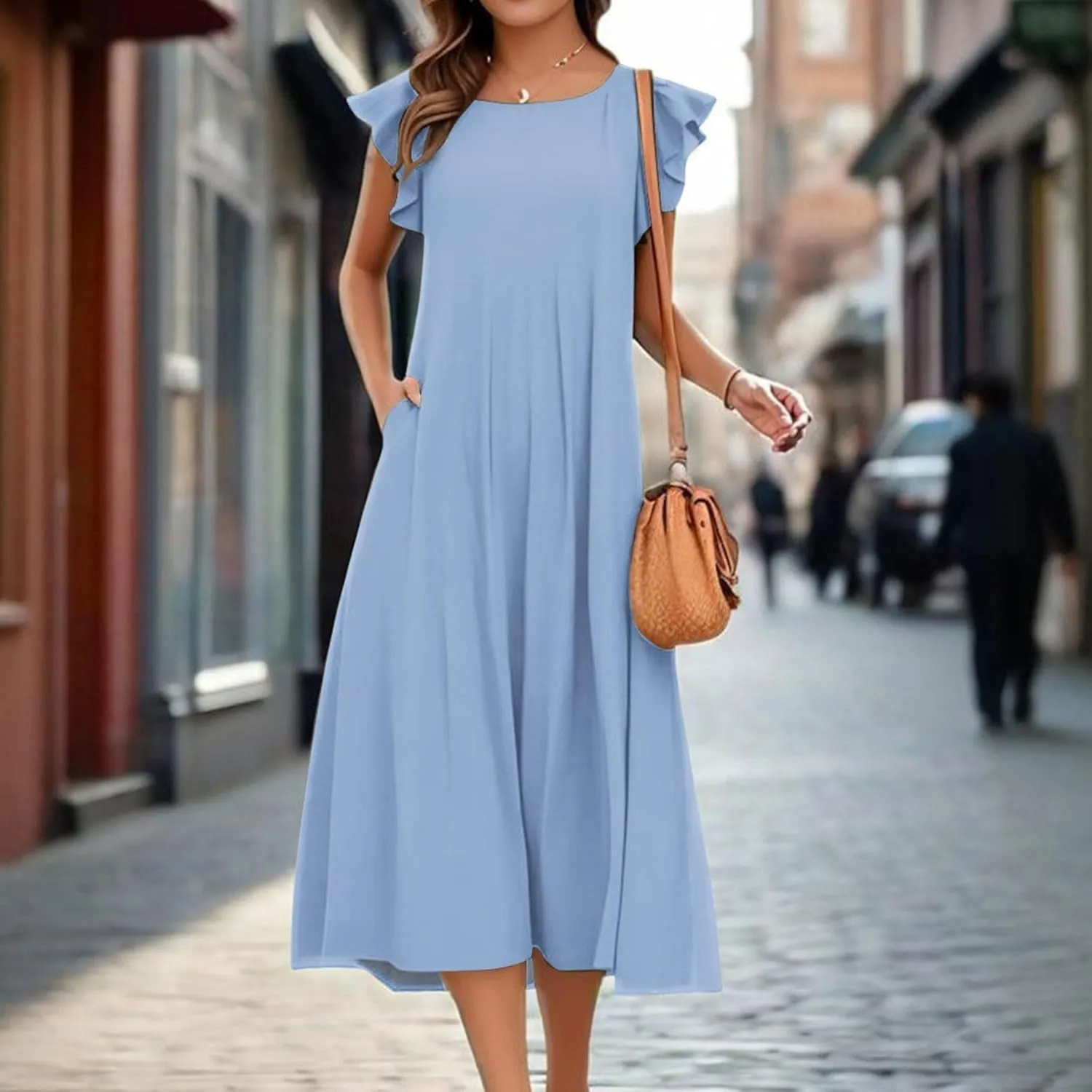 Summer Dresses for Women 2025 Short Sleeve Smocked Dress Trendy Crewneck Casual Beach Midi Sundress with Pocket