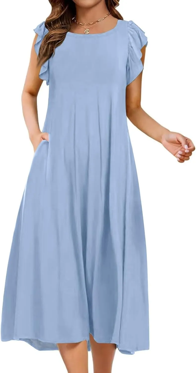 Summer Dresses for Women 2025 Short Sleeve Smocked Dress Trendy Crewneck Casual Beach Midi Sundress with Pocket
