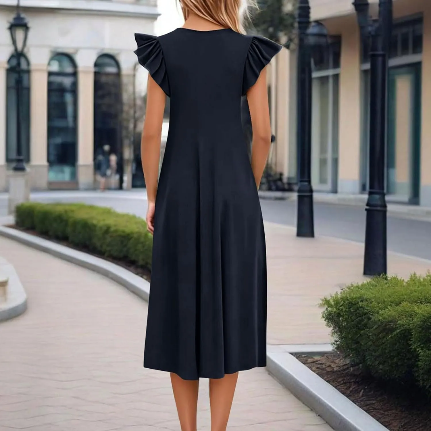 Summer Dresses for Women 2025 Short Sleeve Smocked Dress Trendy Crewneck Casual Beach Midi Sundress with Pocket