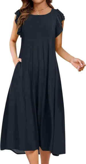 Summer Dresses for Women 2025 Short Sleeve Smocked Dress Trendy Crewneck Casual Beach Midi Sundress with Pocket