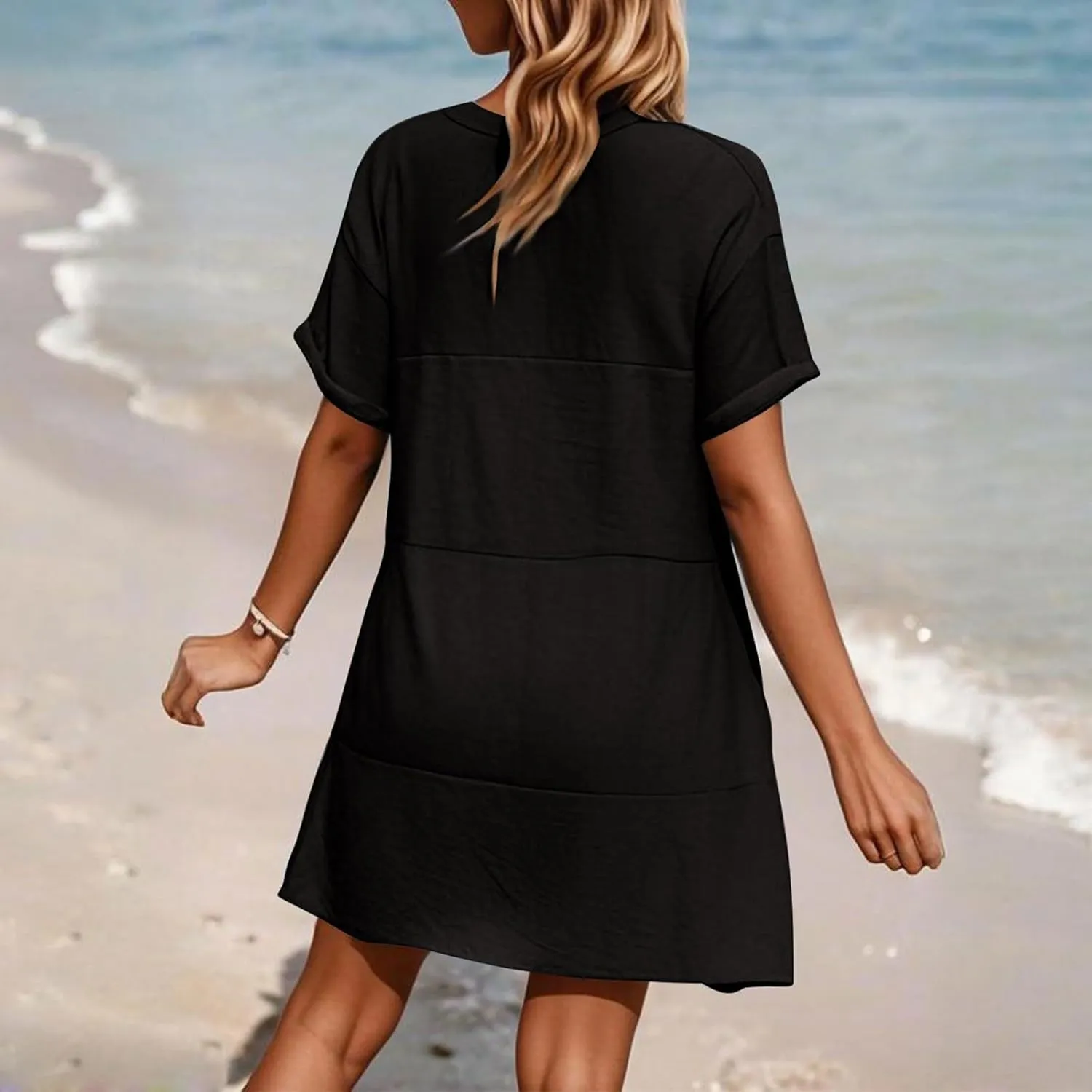 Summer Dresses for Women 2025 V Neck Cotton Linen Short Sleeve Dress Boho Ruched Beach Flowy Mini Sundress with Pocket