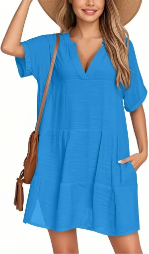 Summer Dresses for Women 2025 V Neck Cotton Linen Short Sleeve Dress Boho Ruched Beach Flowy Mini Sundress with Pocket