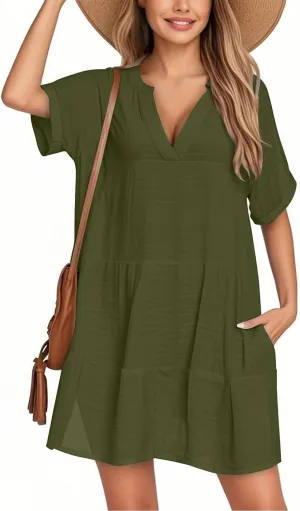Summer Dresses for Women 2025 V Neck Cotton Linen Short Sleeve Dress Boho Ruched Beach Flowy Mini Sundress with Pocket