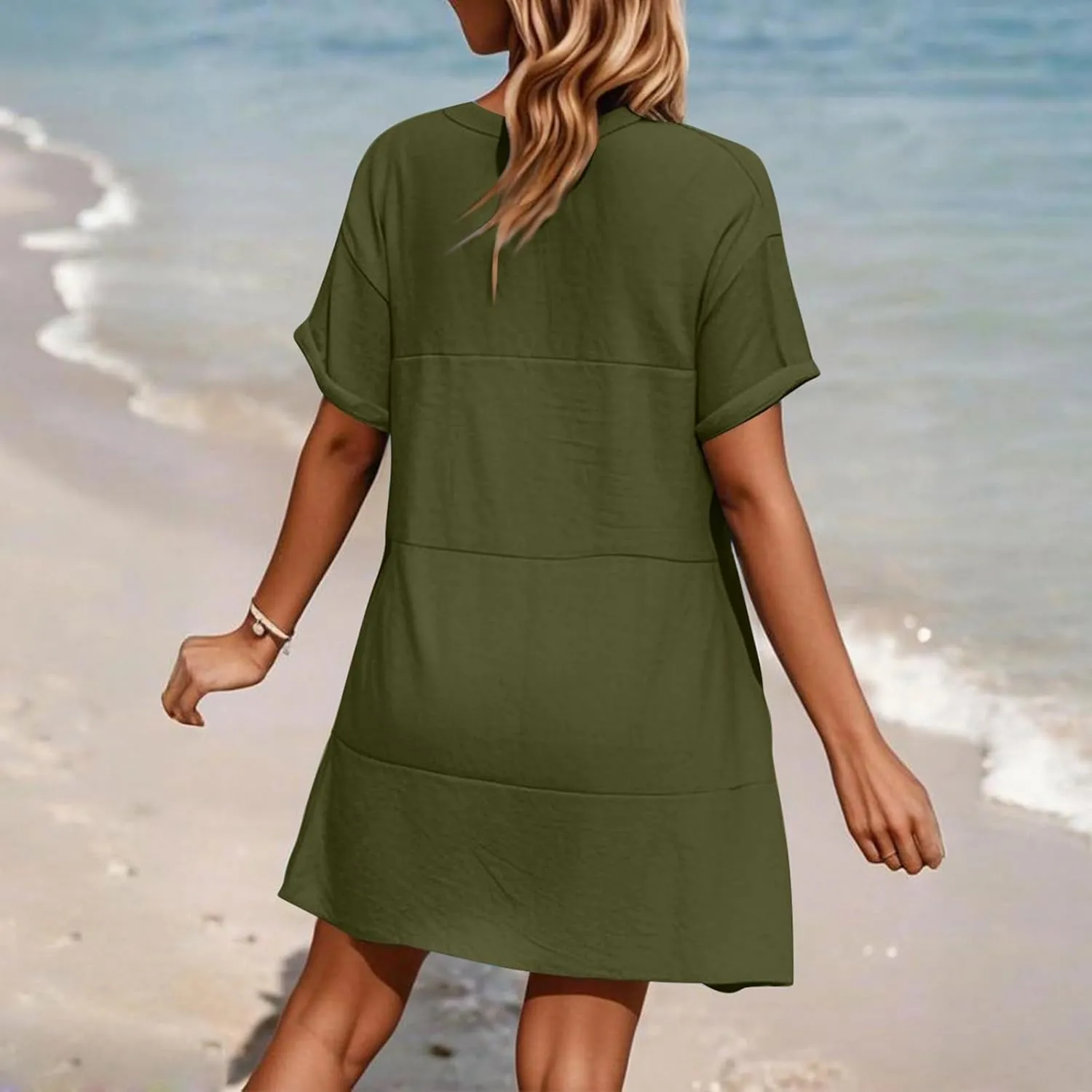 Summer Dresses for Women 2025 V Neck Cotton Linen Short Sleeve Dress Boho Ruched Beach Flowy Mini Sundress with Pocket