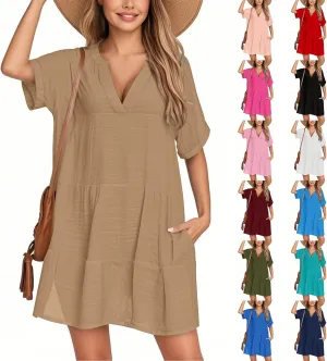 Summer Dresses for Women 2025 V Neck Cotton Linen Short Sleeve Dress Boho Ruched Beach Flowy Mini Sundress with Pocket