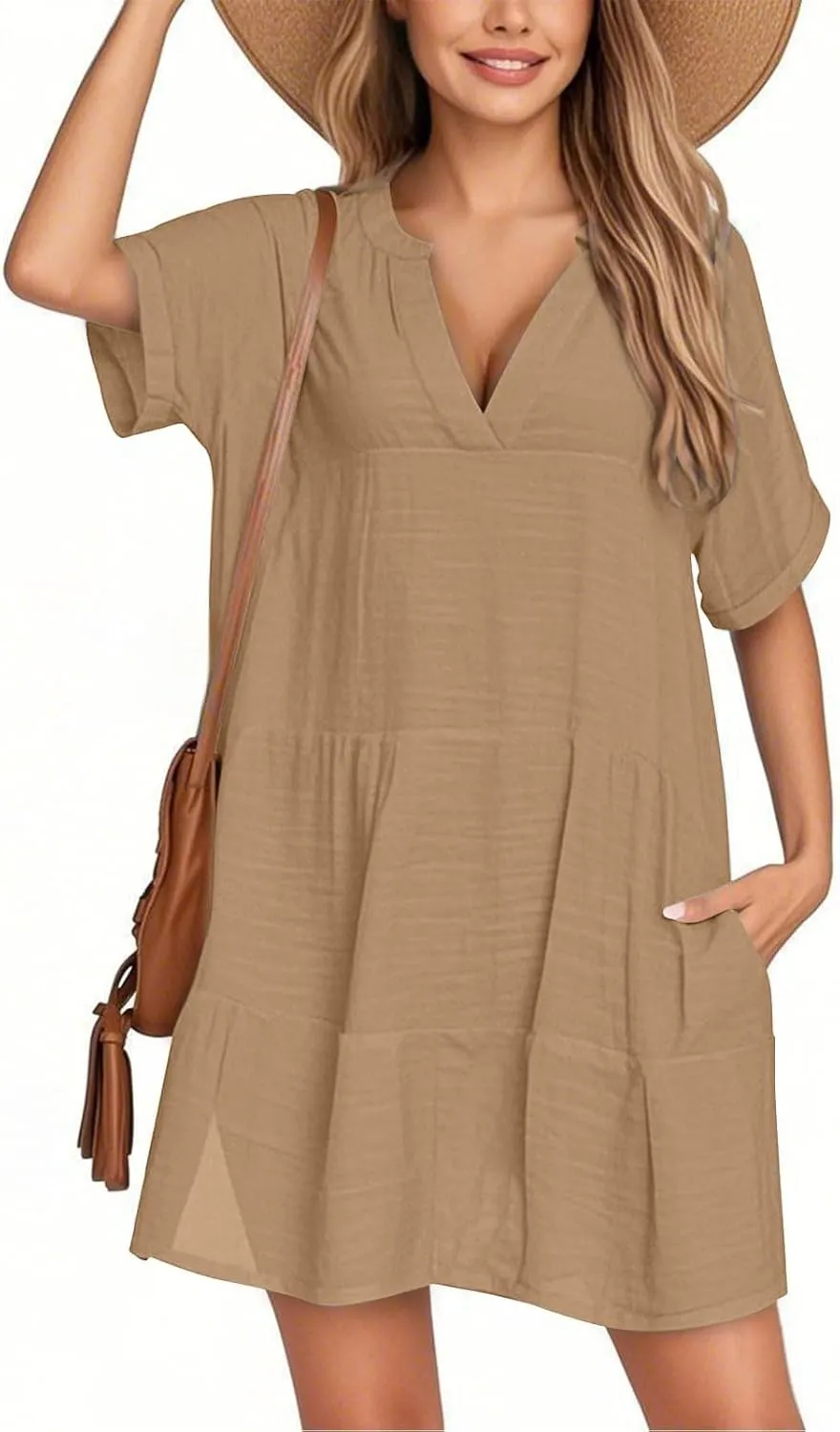 Summer Dresses for Women 2025 V Neck Cotton Linen Short Sleeve Dress Boho Ruched Beach Flowy Mini Sundress with Pocket