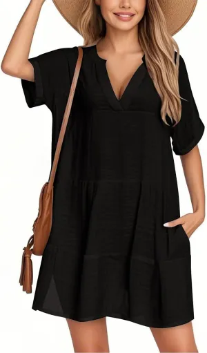 Summer Dresses for Women 2025 V Neck Cotton Linen Short Sleeve Dress Boho Ruched Beach Flowy Mini Sundress with Pocket