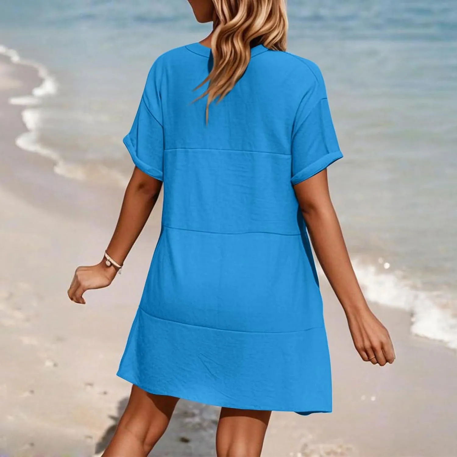 Summer Dresses for Women 2025 V Neck Cotton Linen Short Sleeve Dress Boho Ruched Beach Flowy Mini Sundress with Pocket