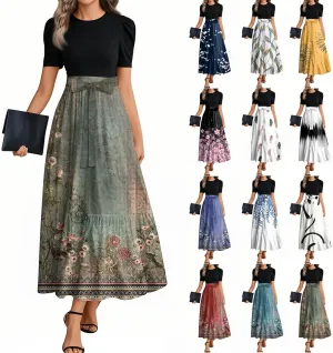 Summer Dresses for Women Short Sleeve Round Neck Vintage Floral Elegant Trendy Flowy High Waist Belted Maxi Sundress
