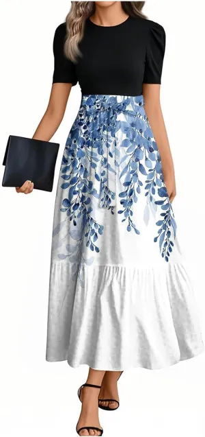 Summer Dresses for Women Short Sleeve Round Neck Vintage Floral Elegant Trendy Flowy High Waist Belted Maxi Sundress