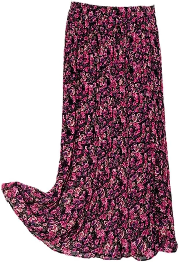 Summer Skirts Women Vintage Floral Print Chiffon Pleated Skirt Elastic Waist Casual Midi Skirt