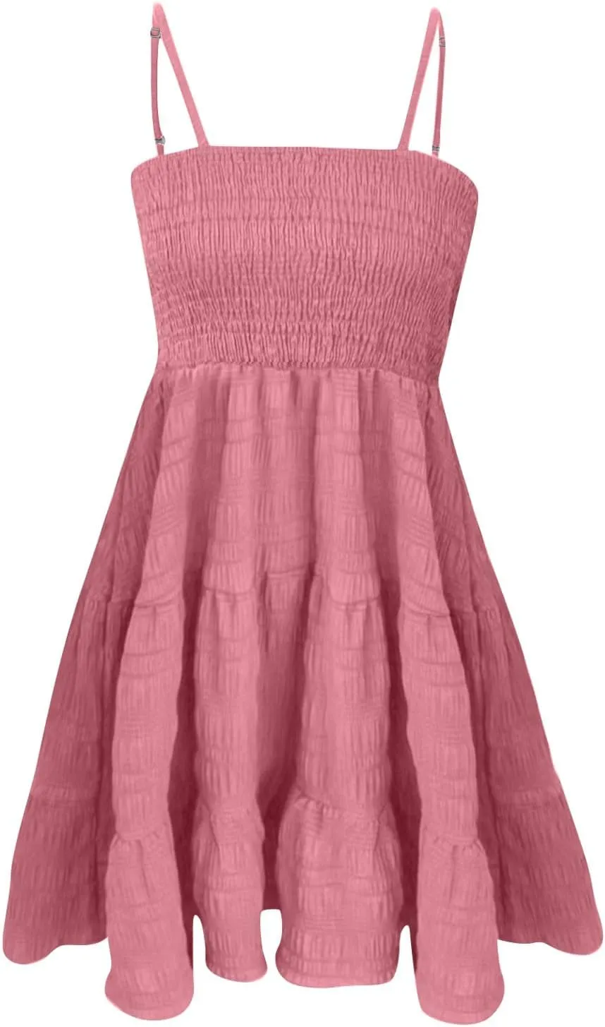 Summer Spaghetti Strap Dresses for Women Sleeveless Square Neck Mini Dress Swing A Line Short Dress Beach Sundresses