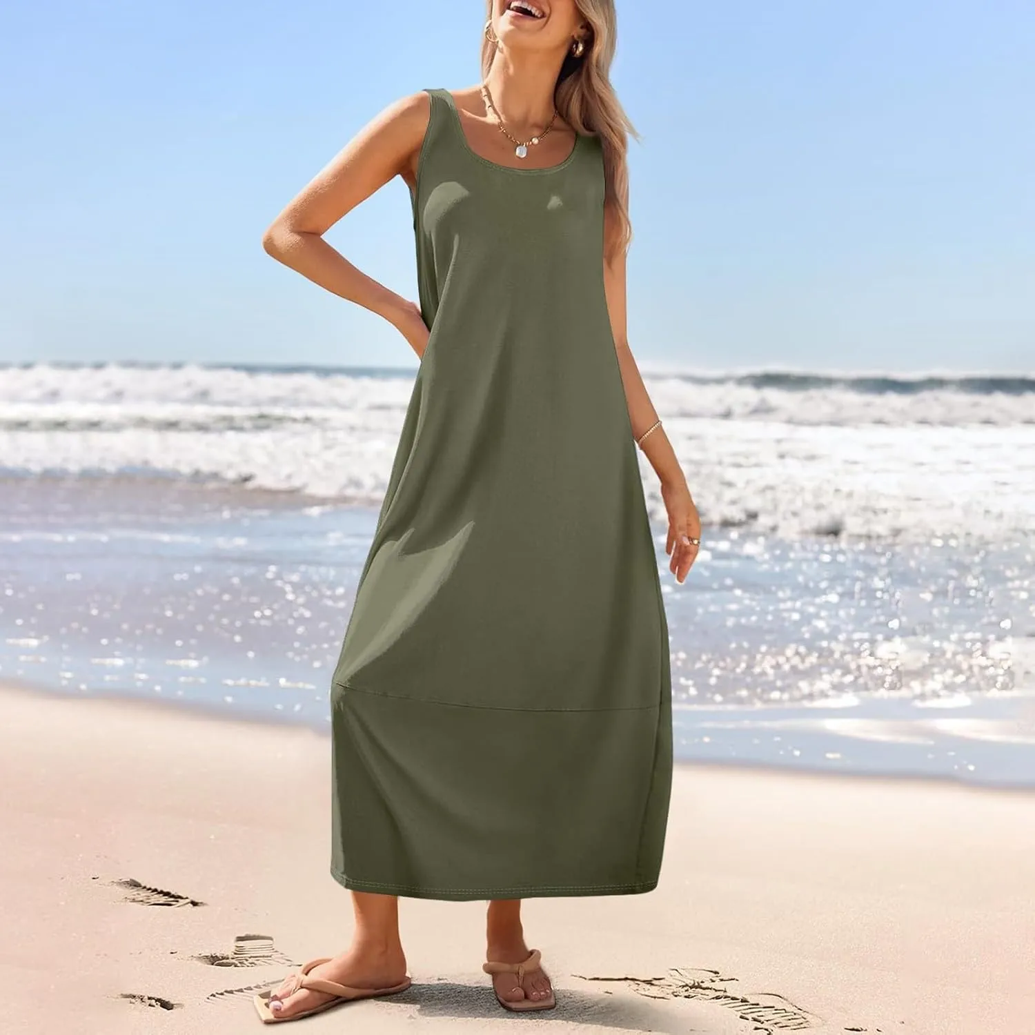 Sundresses for Women 2025 Scoop Neck Sleeveless Tank Dress Summer Beach Solid Party Flowy Long Dress with Side Pocket
