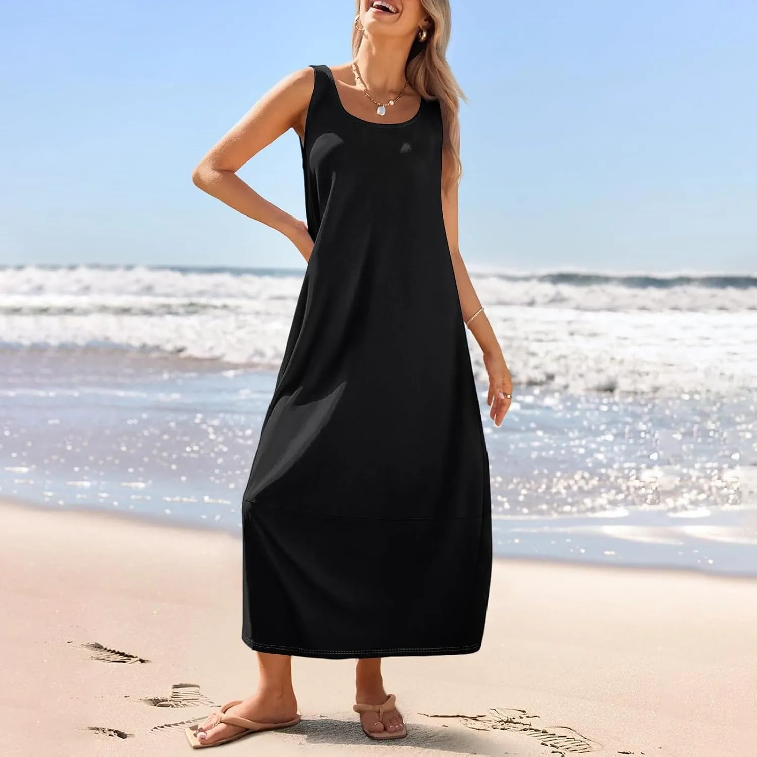 Sundresses for Women 2025 Scoop Neck Sleeveless Tank Dress Summer Beach Solid Party Flowy Long Dress with Side Pocket