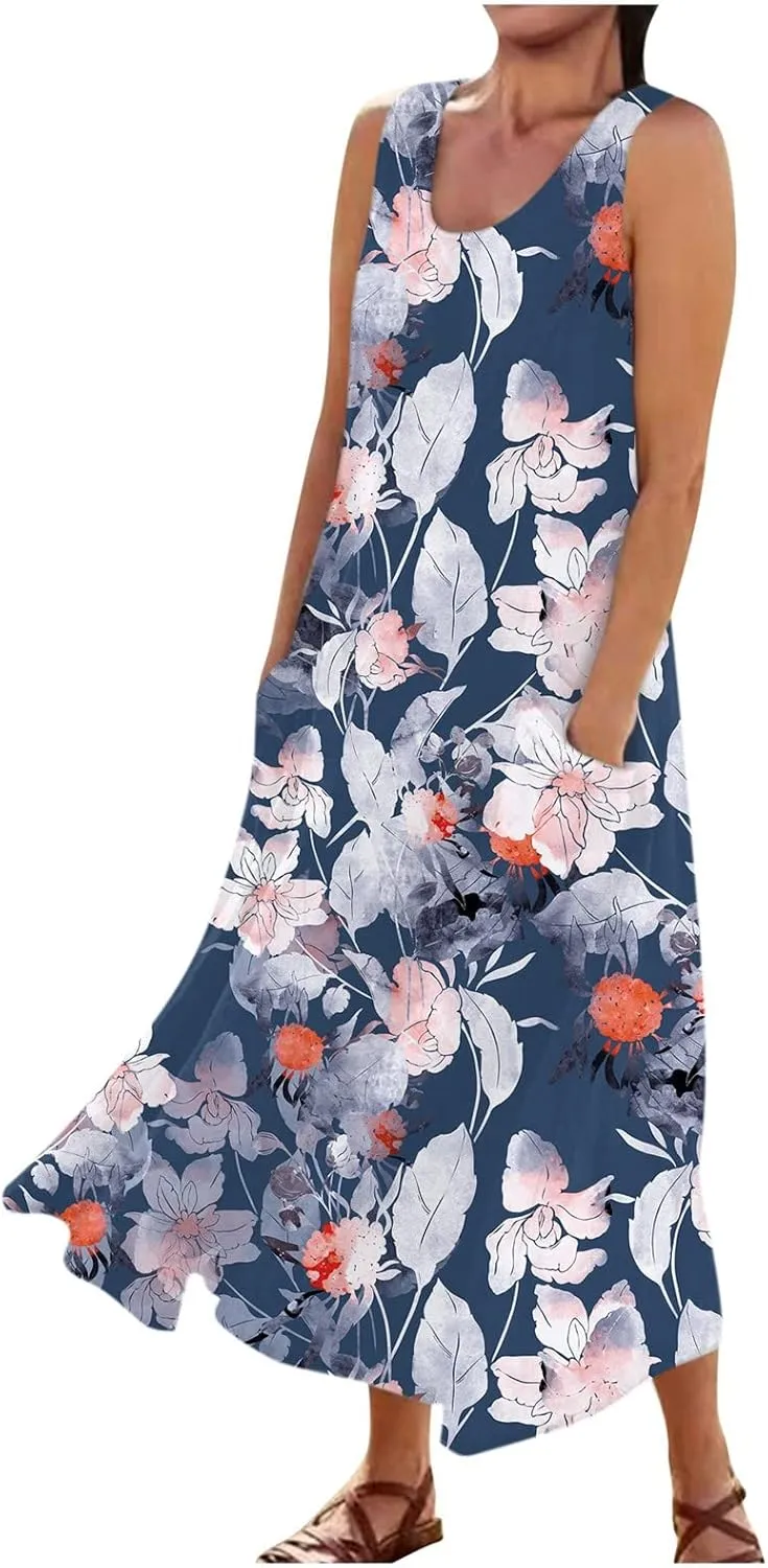 Sundresses for Womens Casual Sleeveless Cotton Linen Long Dress Flowy Beach Floral Print Dresses with Pockets