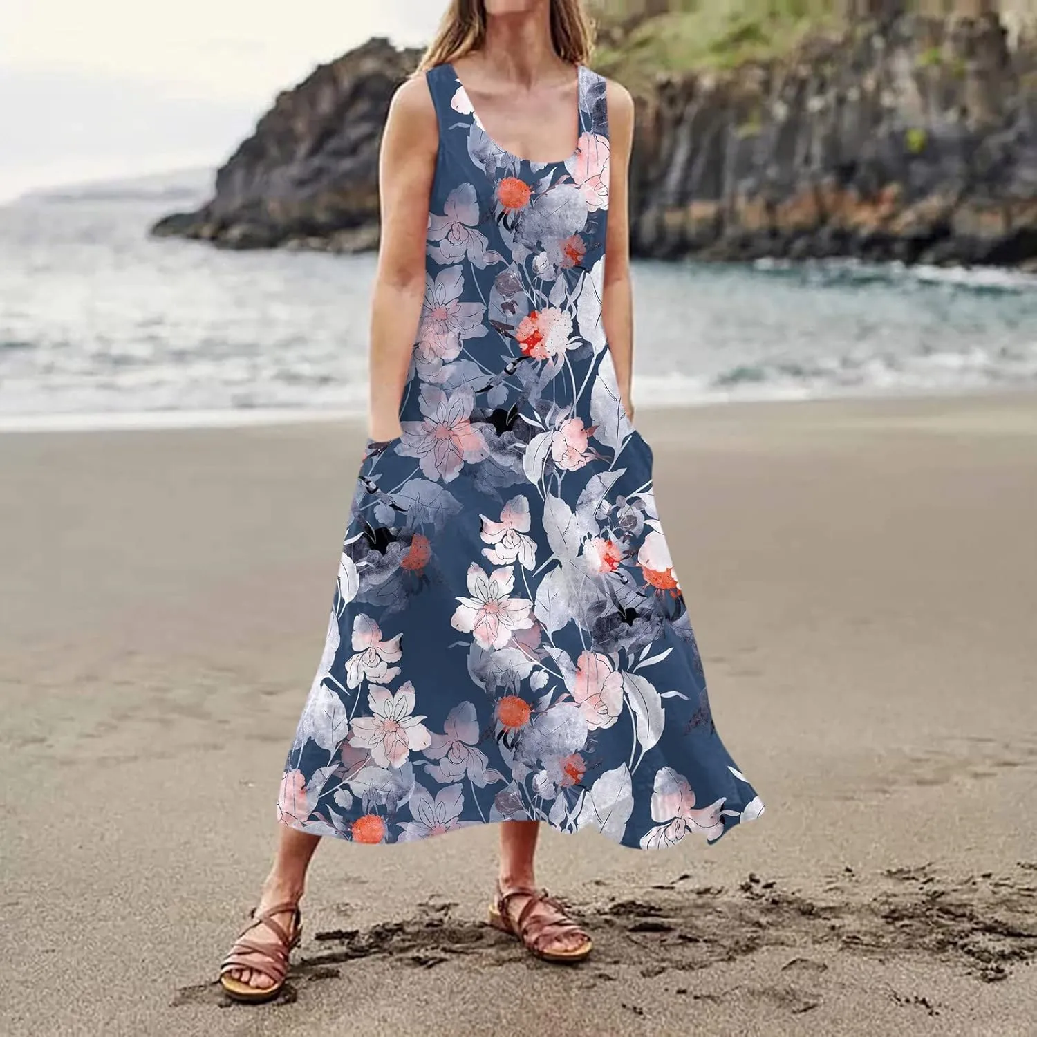 Sundresses for Womens Casual Sleeveless Cotton Linen Long Dress Flowy Beach Floral Print Dresses with Pockets
