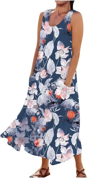 Sundresses for Womens Casual Sleeveless Cotton Linen Long Dress Flowy Beach Floral Print Dresses with Pockets