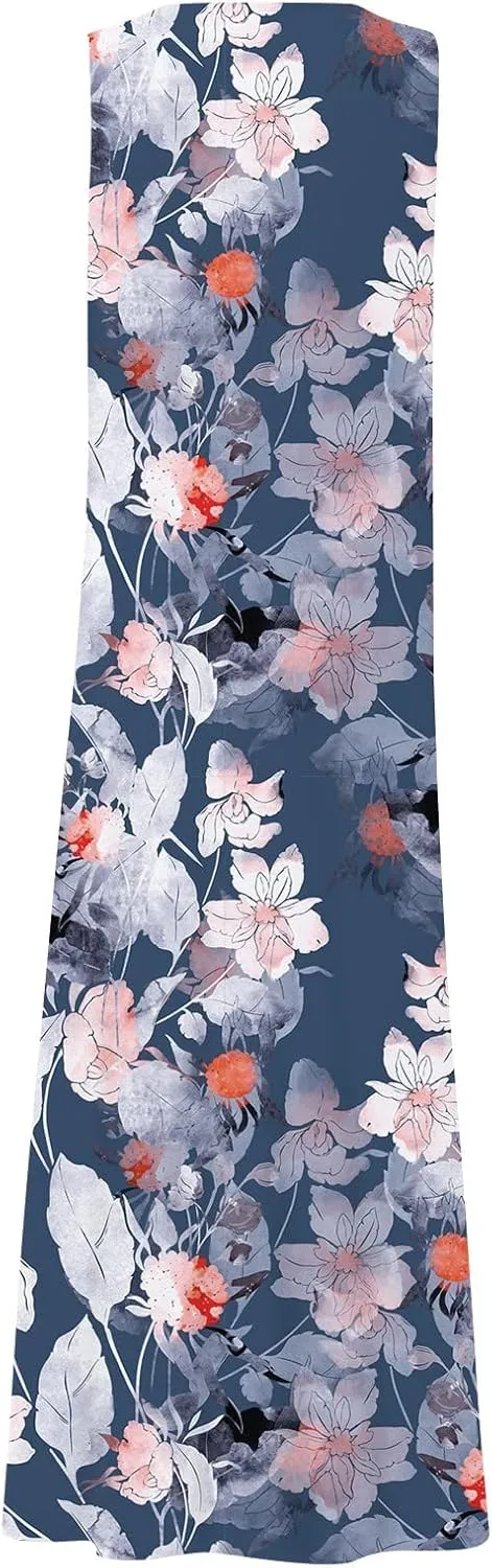 Sundresses for Womens Casual Sleeveless Cotton Linen Long Dress Flowy Beach Floral Print Dresses with Pockets