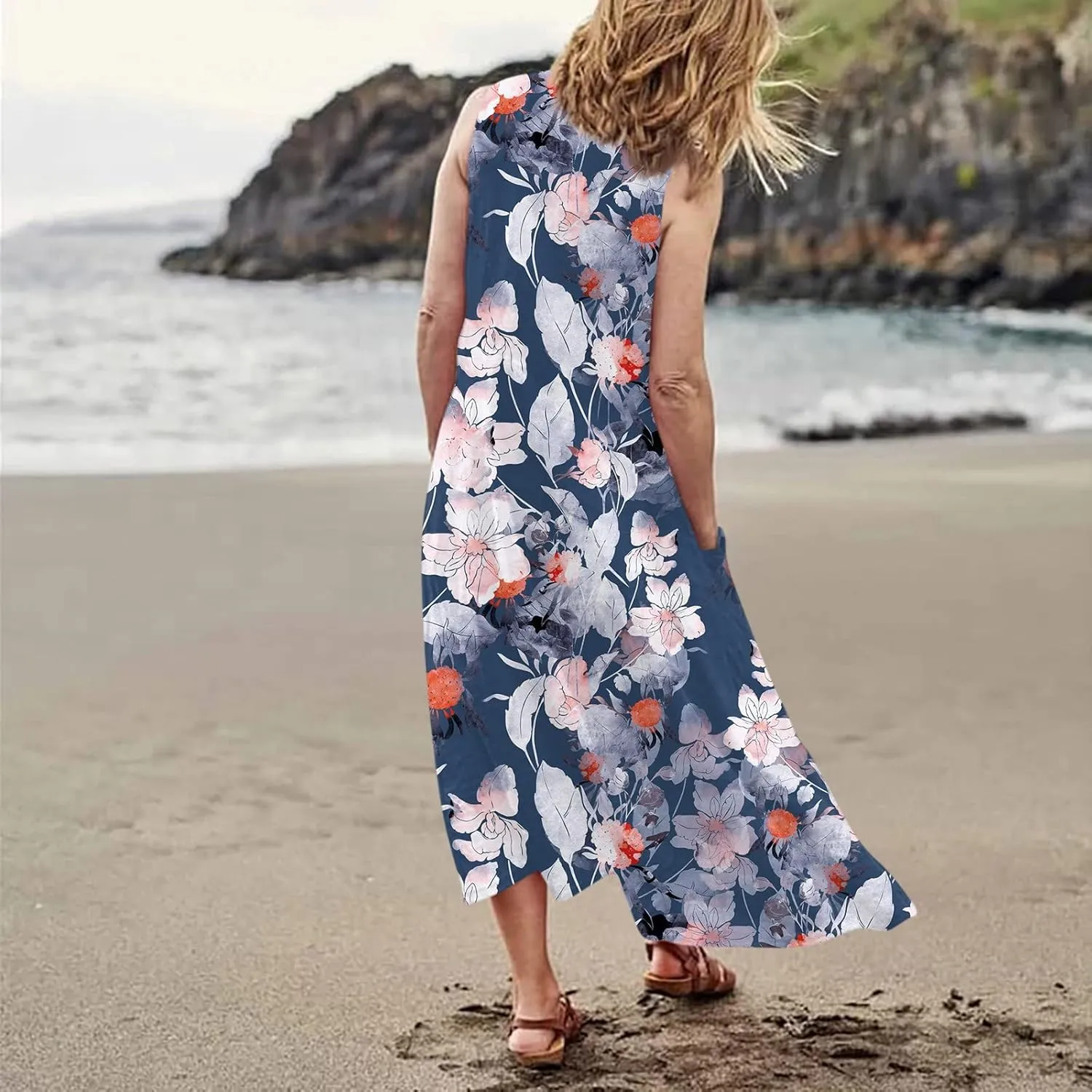 Sundresses for Womens Casual Sleeveless Cotton Linen Long Dress Flowy Beach Floral Print Dresses with Pockets
