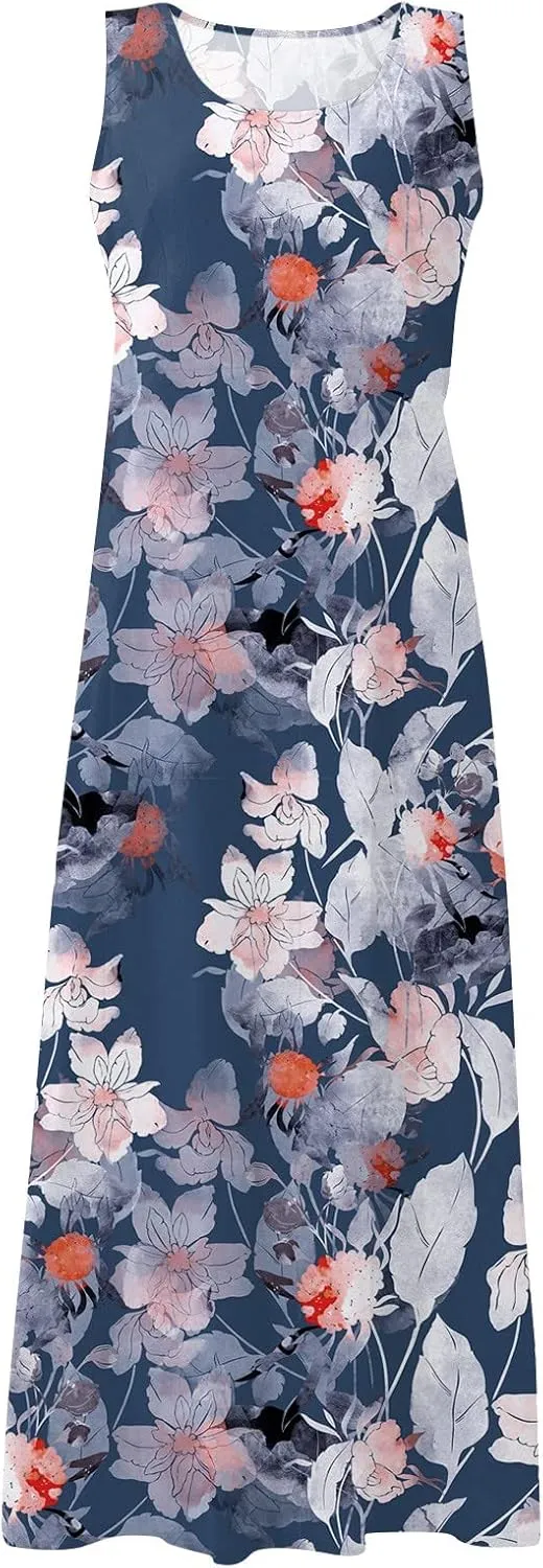 Sundresses for Womens Casual Sleeveless Cotton Linen Long Dress Flowy Beach Floral Print Dresses with Pockets