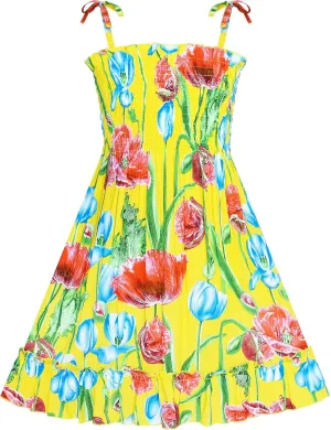 Sunny Fashion Girls Dress Cotton Flower Square Collar A Line Ruffle Flare