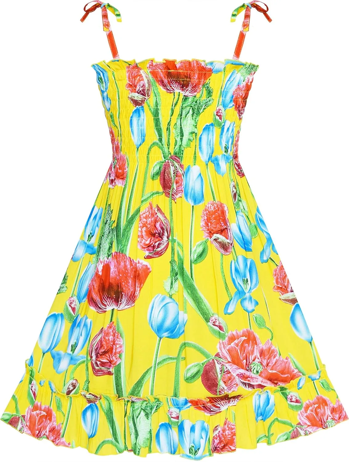 Sunny Fashion Girls Dress Cotton Flower Square Collar A Line Ruffle Flare