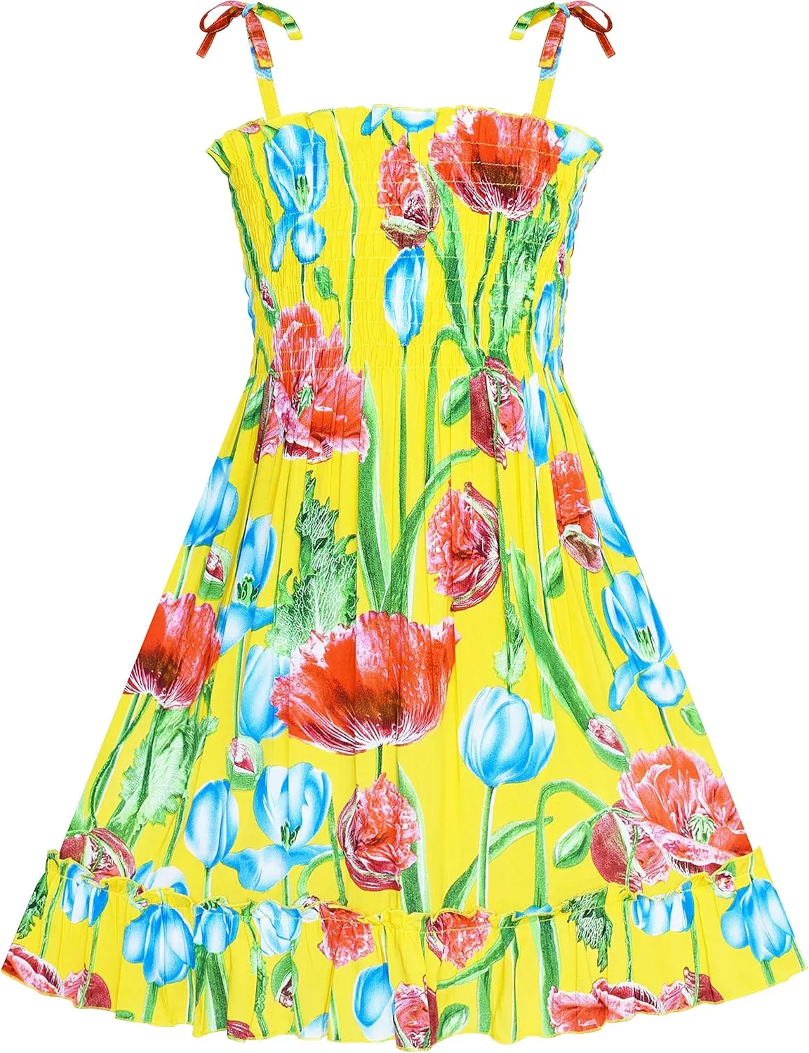 Sunny Fashion Girls Dress Cotton Flower Square Collar A Line Ruffle Flare