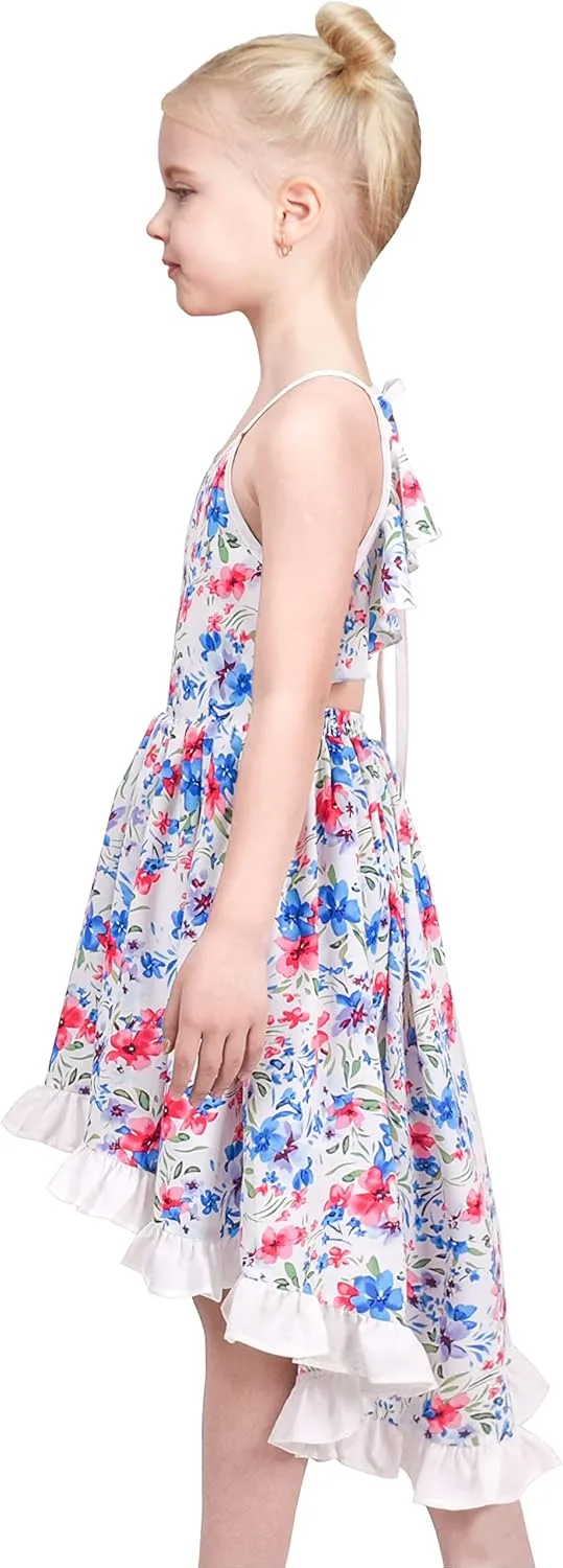 Sunny Fashion Girls Dress Floral Print Summer Sundress Sleeveless Hollow Back