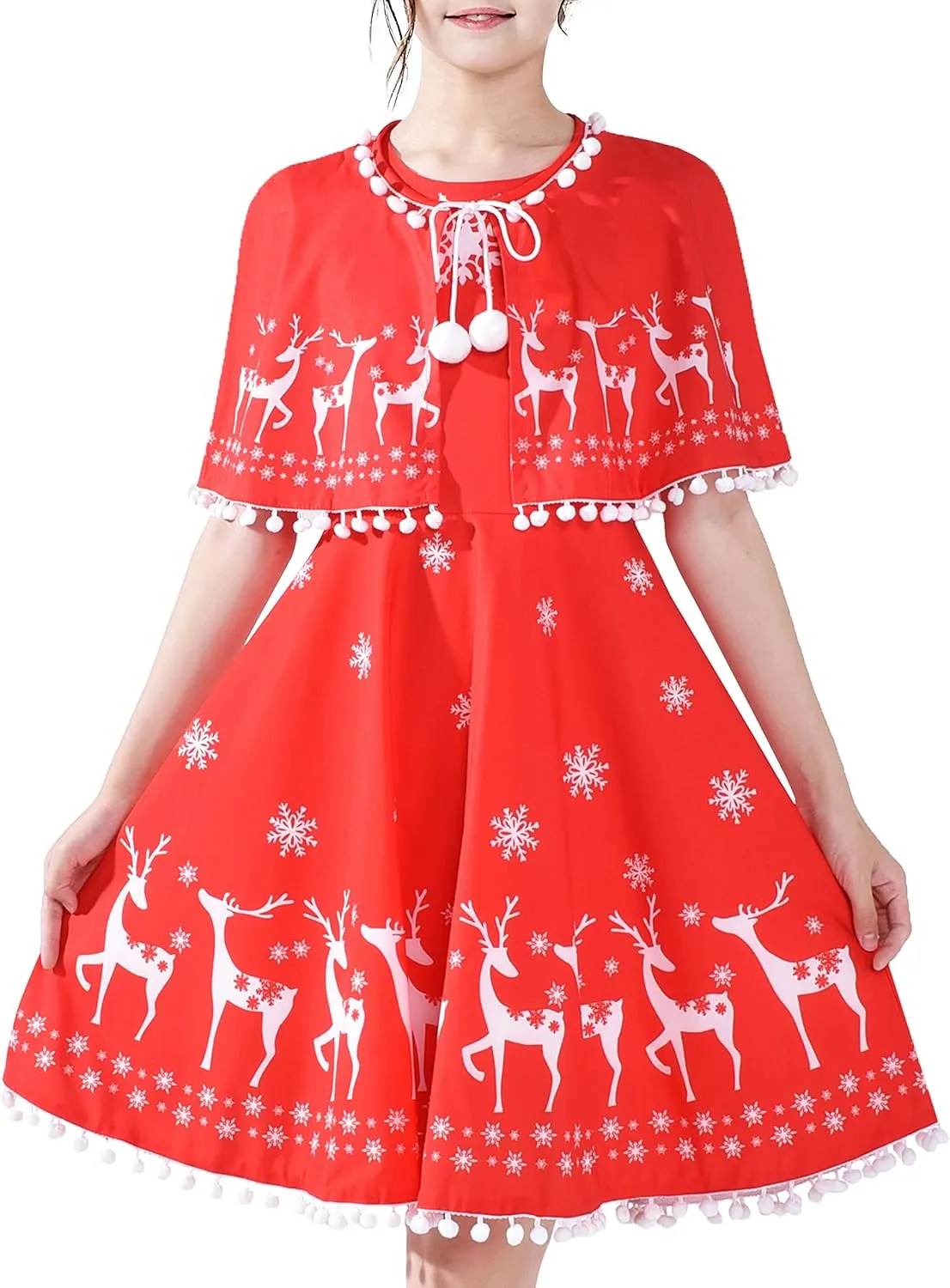 Sunny Fashion Girls Dress Jingle Bell Red Cape Cloak Christmas New Year
