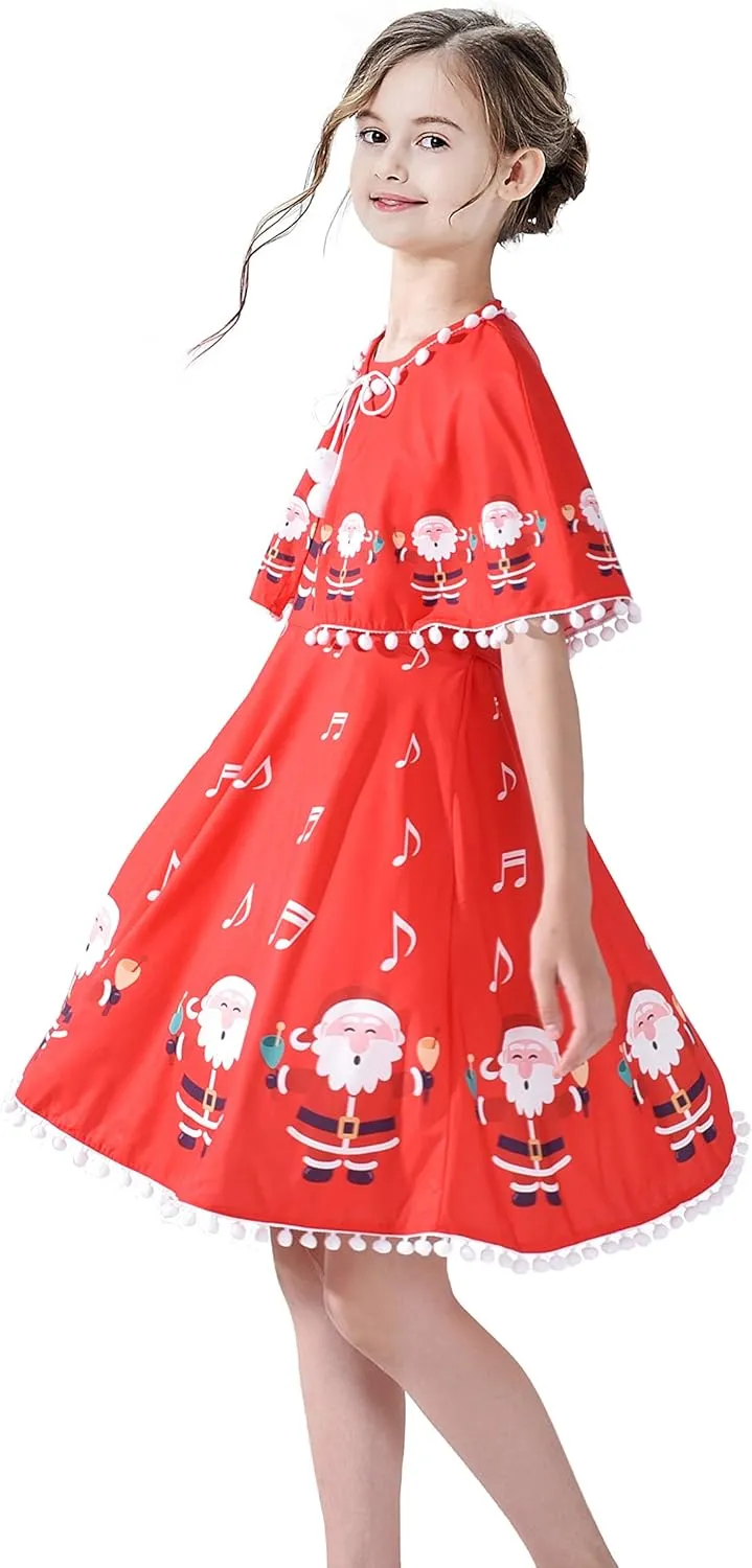 Sunny Fashion Girls Dress Jingle Bell Red Cape Cloak Christmas New Year