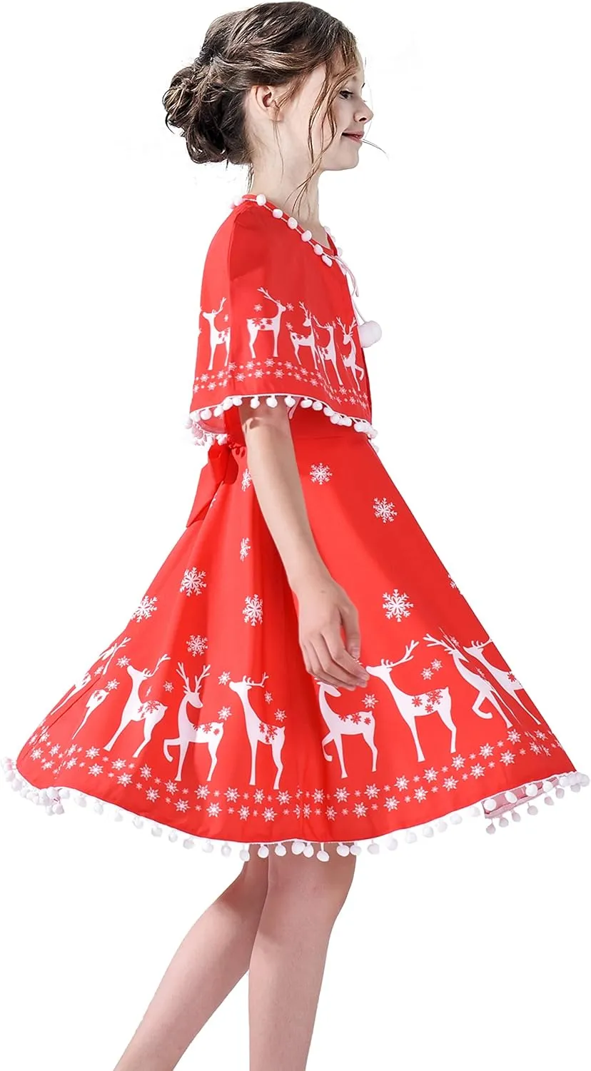 Sunny Fashion Girls Dress Jingle Bell Red Cape Cloak Christmas New Year