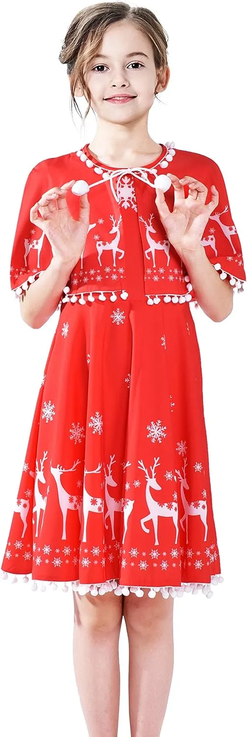Sunny Fashion Girls Dress Jingle Bell Red Cape Cloak Christmas New Year