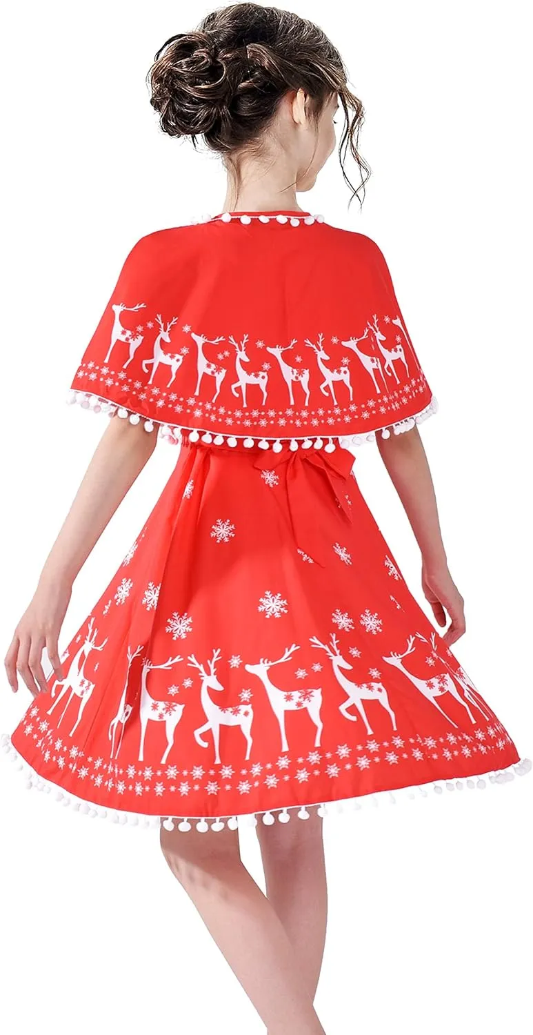 Sunny Fashion Girls Dress Jingle Bell Red Cape Cloak Christmas New Year