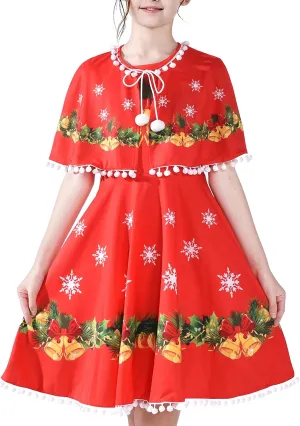 Sunny Fashion Girls Dress Jingle Bell Red Cape Cloak Christmas New Year