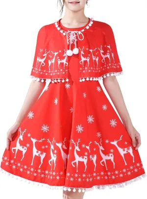 Sunny Fashion Girls Dress Jingle Bell Red Cape Cloak Christmas New Year