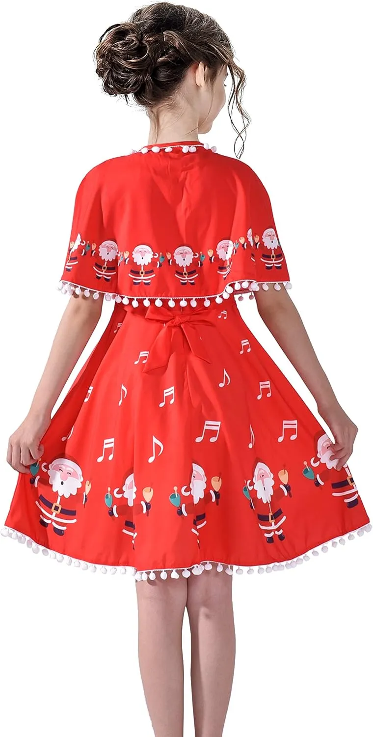 Sunny Fashion Girls Dress Jingle Bell Red Cape Cloak Christmas New Year