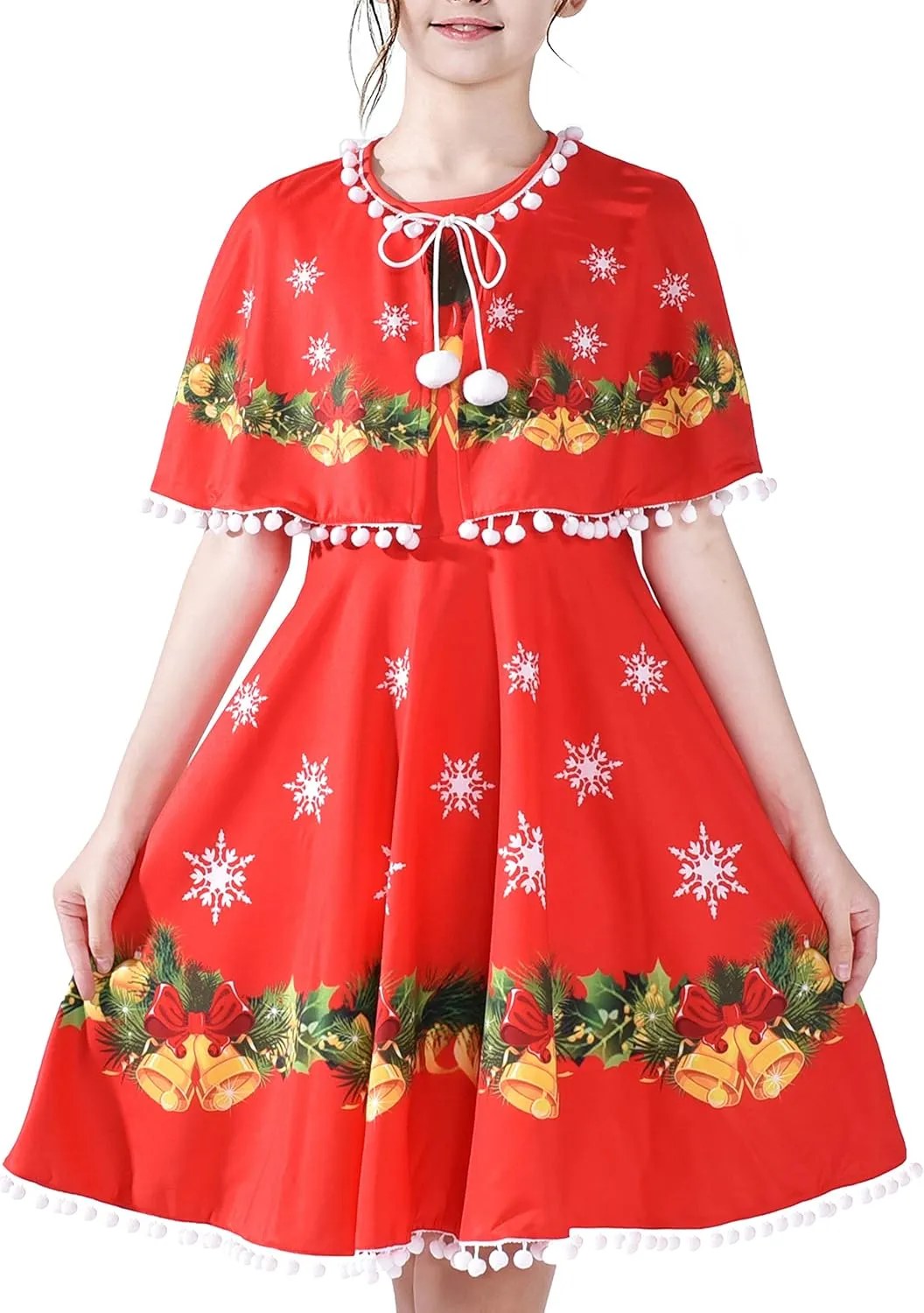 Sunny Fashion Girls Dress Jingle Bell Red Cape Cloak Christmas New Year