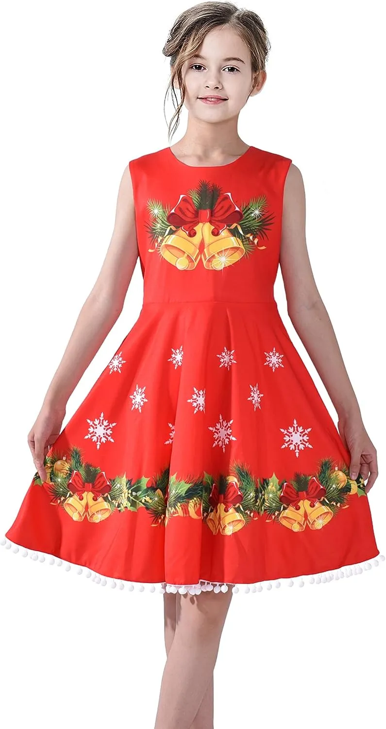Sunny Fashion Girls Dress Jingle Bell Red Cape Cloak Christmas New Year
