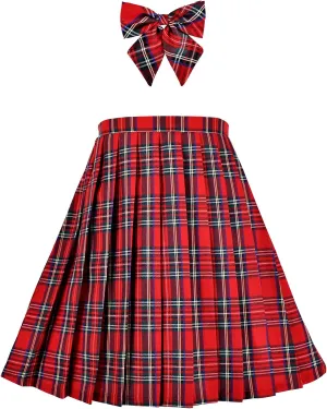 Sunny Fashion Girls Skirt Kids School Uniform Set Red Tartan Pleated Hem Skirt