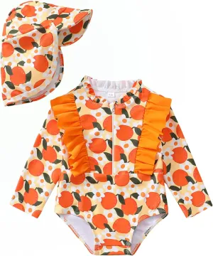 SUNNY PIGGY Baby Girls One Piece Swimsuit Long Sleeve Floral Bathing Suit Hat 2Pcs