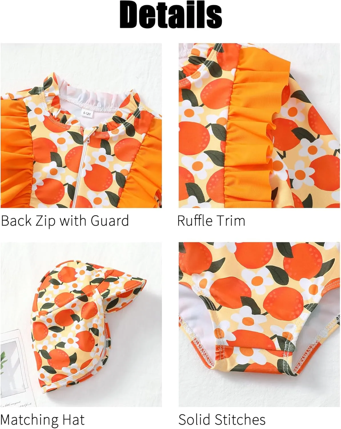 SUNNY PIGGY Baby Girls One Piece Swimsuit Long Sleeve Floral Bathing Suit Hat 2Pcs