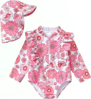 SUNNY PIGGY Baby Girls One Piece Swimsuit Long Sleeve Floral Bathing Suit Hat 2Pcs