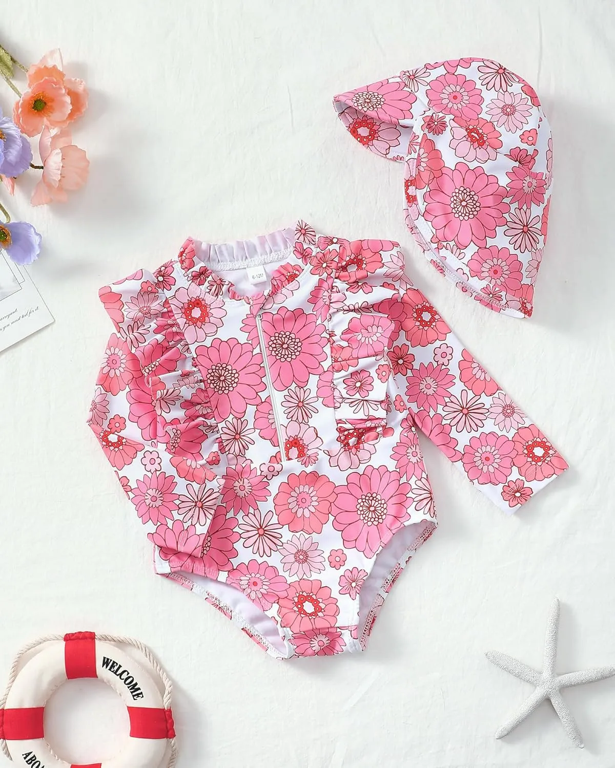 SUNNY PIGGY Baby Girls One Piece Swimsuit Long Sleeve Floral Bathing Suit Hat 2Pcs