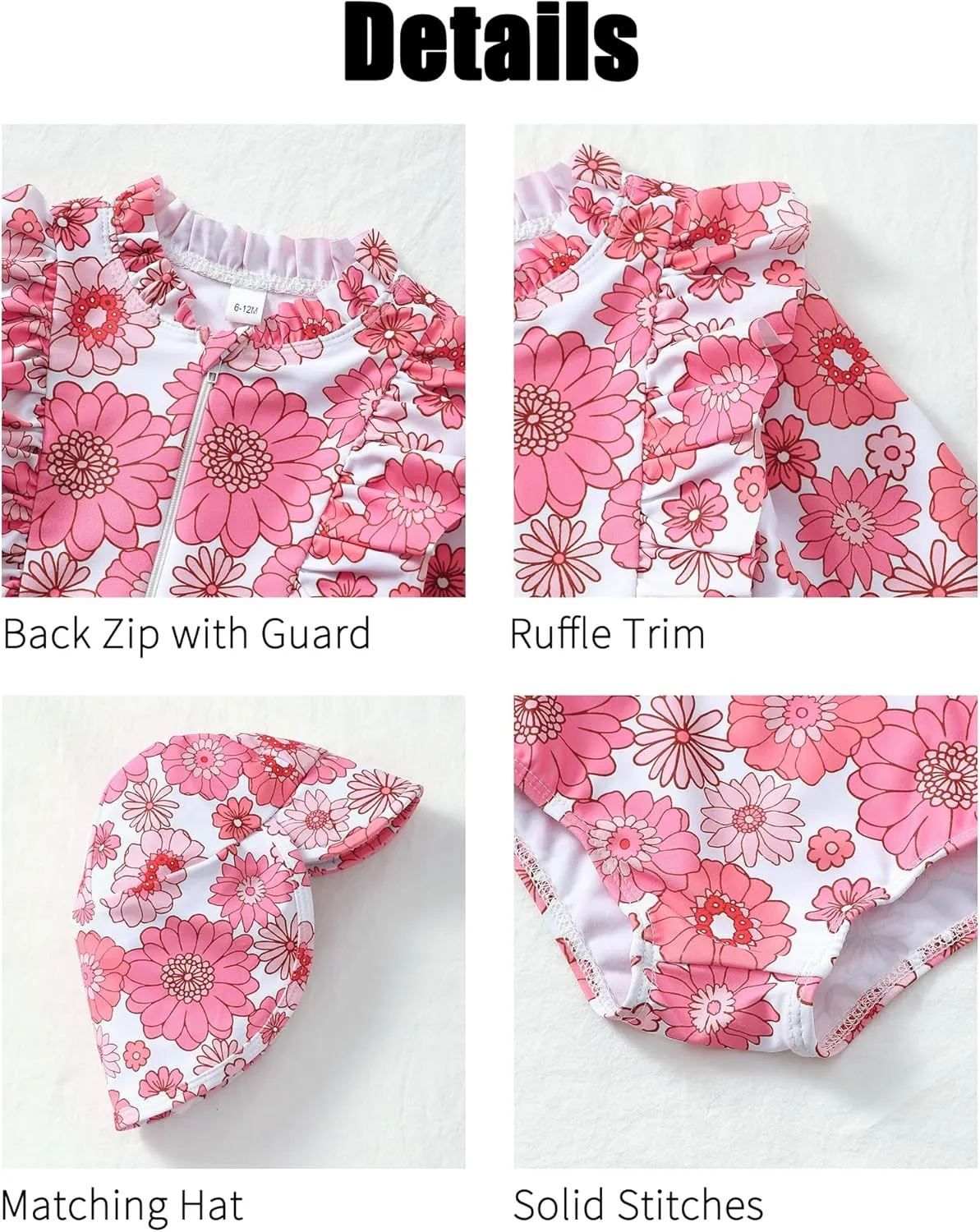 SUNNY PIGGY Baby Girls One Piece Swimsuit Long Sleeve Floral Bathing Suit Hat 2Pcs