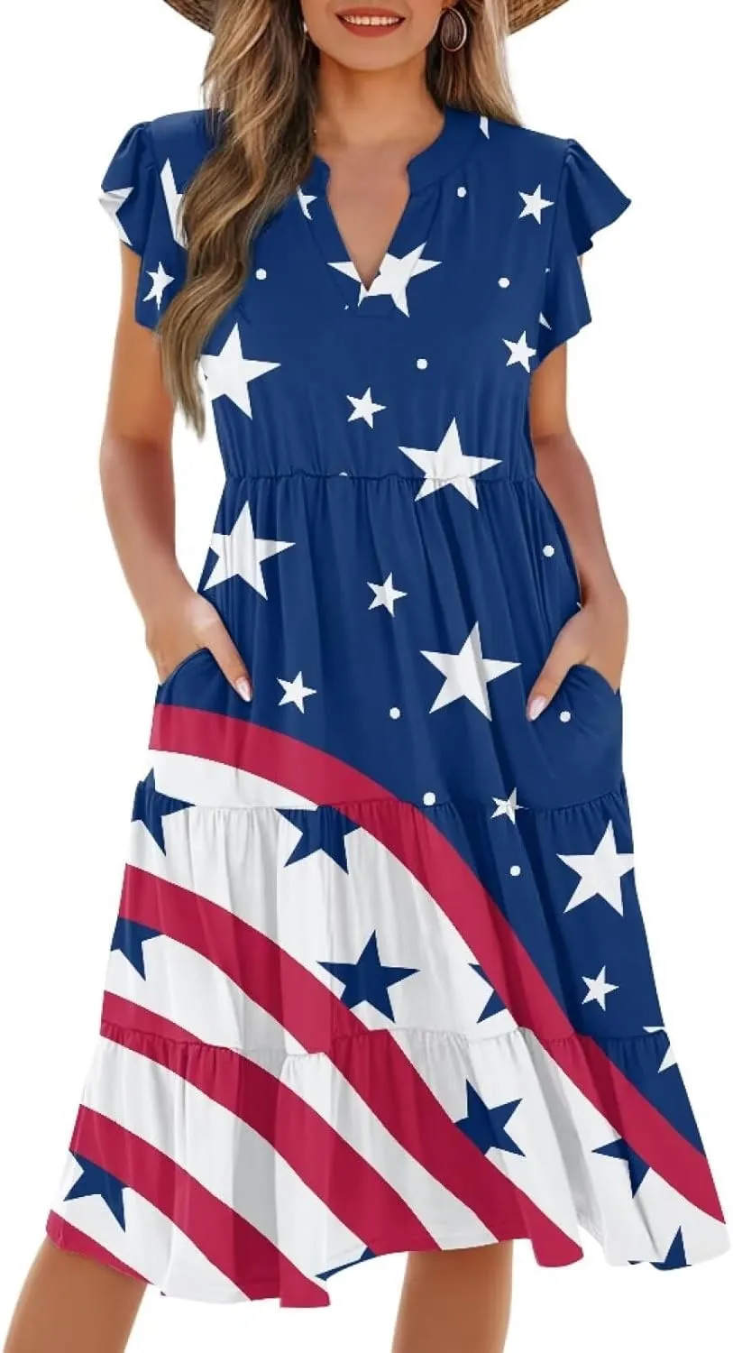 Swing Dress for Women Plus Size Summer Casual Loose V Neck Ruffle Cap Short Sleeve Tiered Midi Dress with Pockets