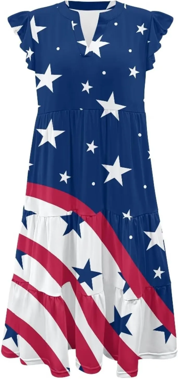 Swing Dress for Women Plus Size Summer Casual Loose V Neck Ruffle Cap Short Sleeve Tiered Midi Dress with Pockets
