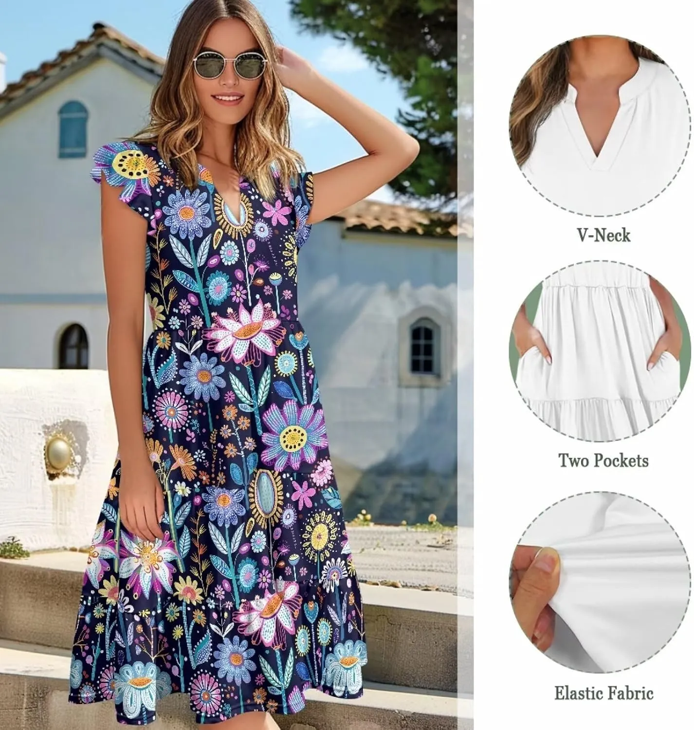 Swing Dress for Women Plus Size Summer Casual Loose V Neck Ruffle Cap Short Sleeve Tiered Midi Dress with Pockets